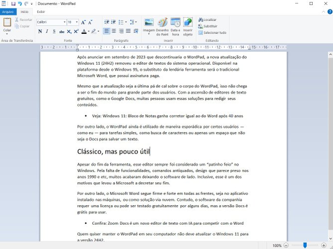 O WordPad não acompanhou a evolução tecnológica e ficou obsoleto há muito tempo. (Imagem: Felipe Vidal/TecMundo)