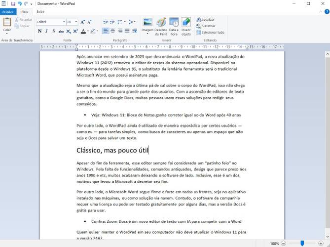 O WordPad não acompanhou a evolução tecnológica e ficou obsoleto há muito tempo. (Imagem: Felipe Vidal/TecMundo)