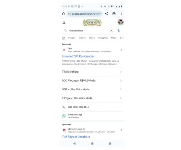 A opção de abrir um chat para se comunicar com o anunciante aparece nos resultados da busca do Google. (Imagem: Google/Divulgação)