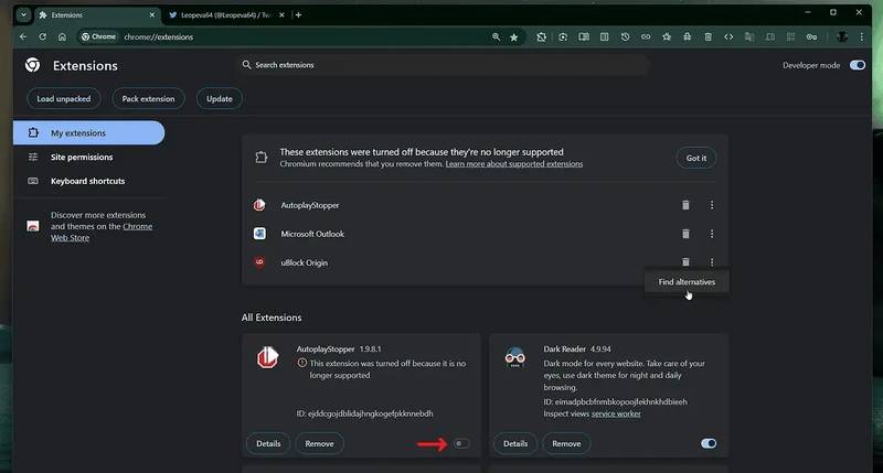 A mais recente atualização do Chrome Canary remove a opção de reativar extensões com Manifest V2.