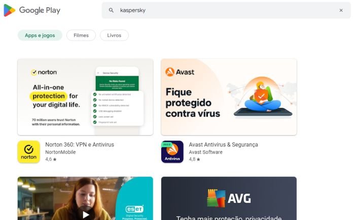 Os apps da Kaspersky também ficaram indisponíveis na Play Store brasileira. (Imagem: Google Play Store/Reprodução)