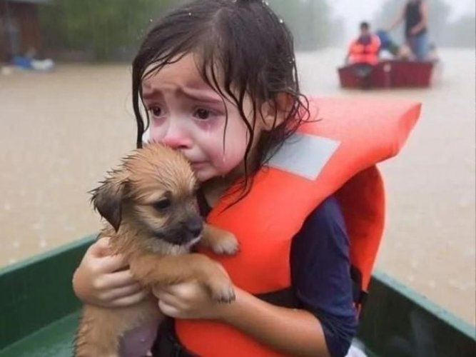 A imagem da garota e do cachorro fugindo do furacão Helene viralizou nos EUA.