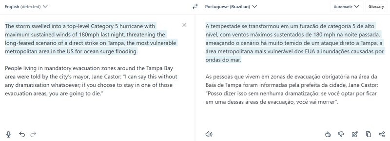 Perceba que o texto será traduzido de forma automática.