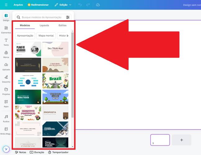 A opção "Design" traz modelos para serem utilizados na criação de slides.