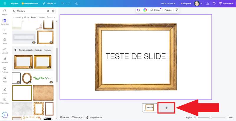 Depois de criar um slide, é possível adicionar mais um através do botão " + ".