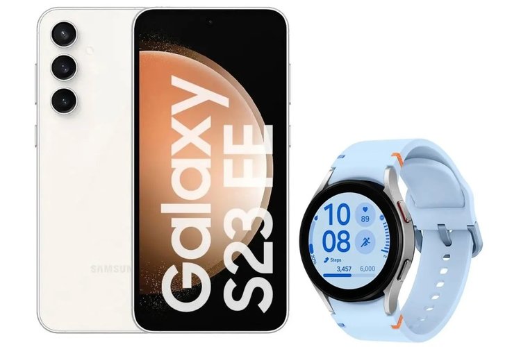 O smartphone Samsung Galaxy S23 FE está disponível em combo promocional com o smartwatch Galaxy Watch FE.