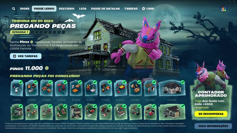 O Passe LEGO Pregando Peças custa 1.400 V-Bucks e já está disponível na loja do Fortnite.