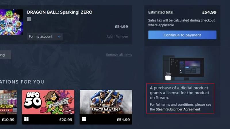 Mensagem de transparência avisando que o jogador está adquirindo apenas uma licença para o jogo.