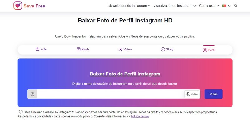 No site do Save Insta é possível baixar fotos e vídeos postados no Instagram.