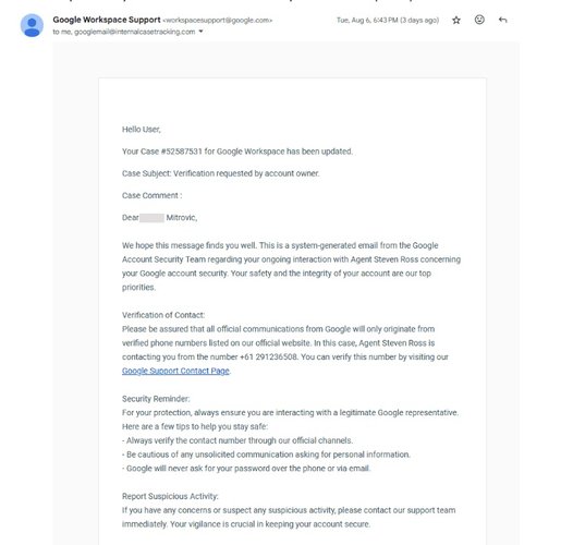 A presença de um email diferente no campo "Para" entrega a atividade suspeita.