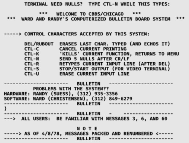 Um registro do terminal de acesso da BBS de Chicago.