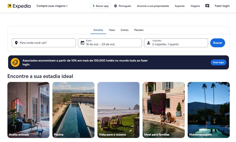 A página principal da Expedia.