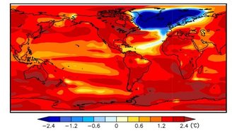 A imagem mostra como seria a mudança média de temperatura em um cenário onde a AMOC já colapsou.