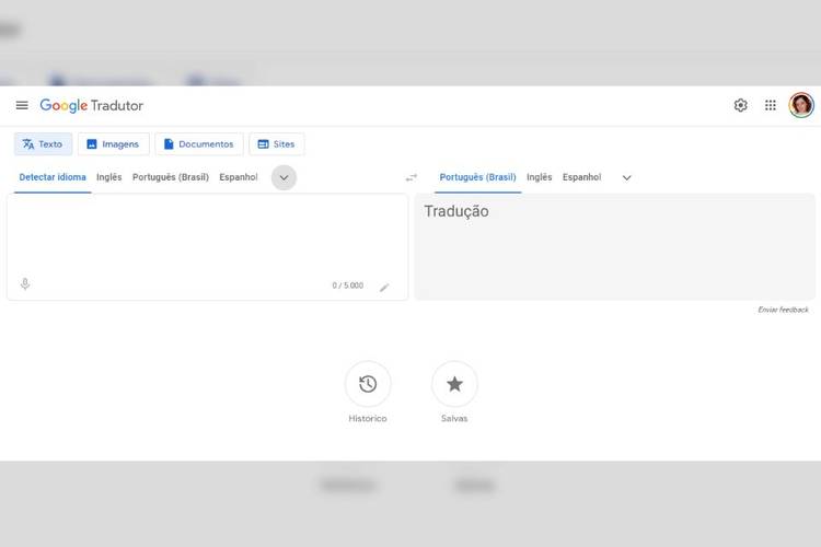 Página inicial do Google Tradutor.