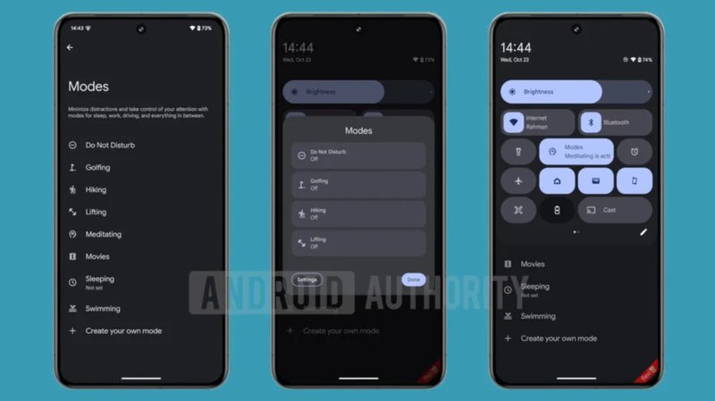 Algumas telas do novo "Modes" do Android. (Imagem: Android Authority/Reprodução)