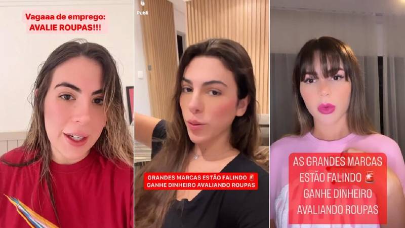 Influenciadoras divulgando site falso que diz pagar por avaliações de roupas.