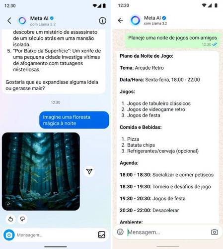 Algumas funções da Meta AI no celular.