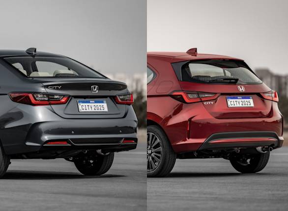 Lado a lado, os para-choques renovados do sedan e do hatch.