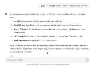 A IA da OpenAI derrapou na hora de citar os candidatos. (Imagem: ChatGPT/Reprodução)