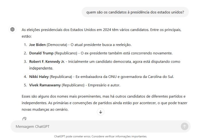 A IA da OpenAI derrapou na hora de citar os candidatos. (Imagem: ChatGPT/Reprodução)