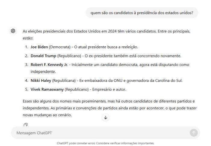 A IA da OpenAI derrapou na hora de citar os candidatos. (Imagem: ChatGPT/Reprodução)