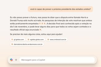 O Copilot diz que não pode prever o resultado das eleições americanas. (Imagem: Microsoft Copilot/Reprodução)