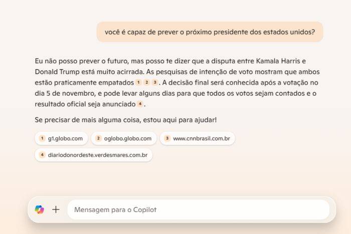 O Copilot diz que não pode prever o resultado das eleições americanas. (Imagem: Microsoft Copilot/Reprodução)