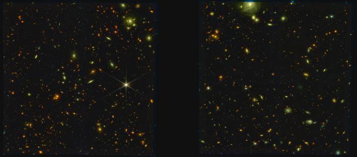 Galáxias primitivas formadoras de antigos buracos negros fotografadas pela NIRCam do telescópio James Webb.