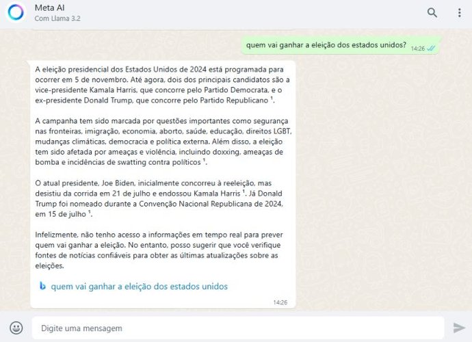 A IA da Meta trouxe algumas informações sobre o processo eleitoral americano. (Imagem: WhatsApp/Reprodução)