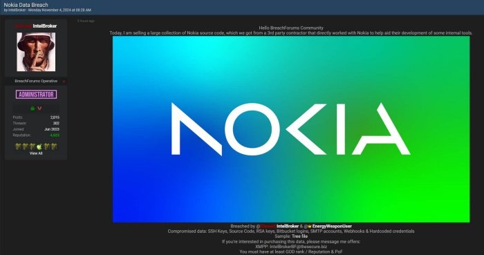 Postagem no BreachForums anuncia a venda de dados supostamente vazados da Nokia.