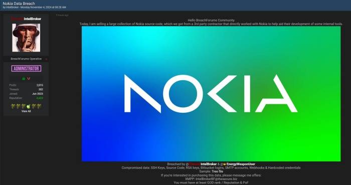 Postagem no BreachForums anuncia a venda de dados supostamente vazados da Nokia.