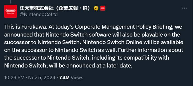 Confirmação de Shuntaro Furukawa, presidente da Nintendo, de que o Switch 2 será compatível com os jogos do modelo atual do console.