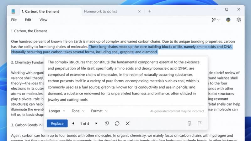 A IA generativa do Bloco de Notas. (Imagem: Windows Insider Blog/Reprodução)