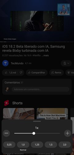 Agora, o YouTube permite ajustar a velocidade de um vídeo com um controle deslizante. (Captura:  Igor Almenara/TecMundo)