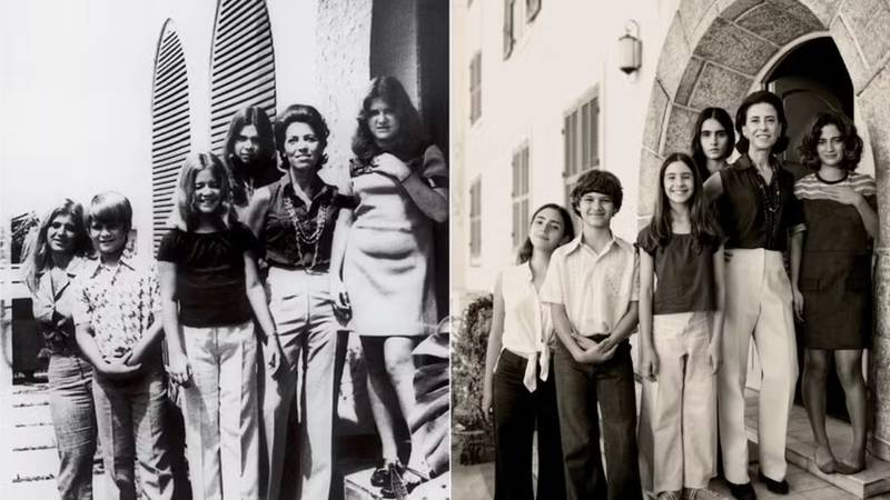 Eunice com os cinco filhos na vida real e na reprodução para o filme