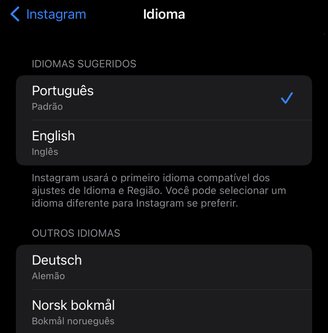 Escolha a linguagem que será alterada no seu Instagram