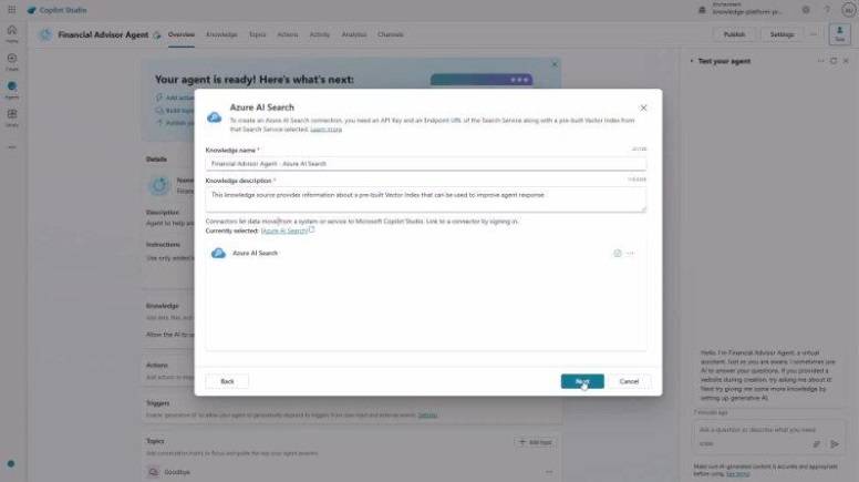 A busca do Azure integrada no agente customizado de IA. (Imagem: Microsoft)