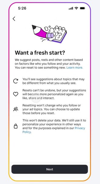 O Instagram vai permitir restaurar o algoritmo de recomendações para o seu estado inicial. (Fonte: Meta/Divulgação)