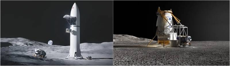 Os conceitos dos módulos de SpaceX e Blue Origin para levar equipamentos até a Lua. (Imagem: NASA/Reprodução)
