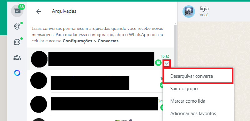 Desarquivar conversa no WhatsApp Web.