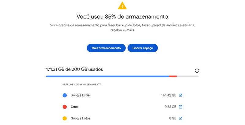 É possível gerenciar o espaço de armazenamento do Google One