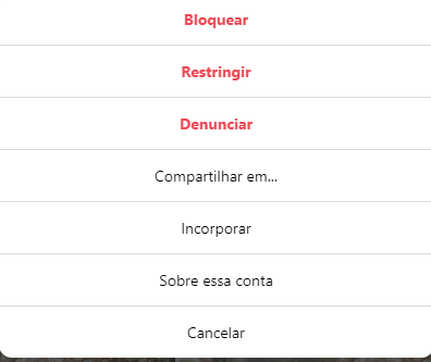 Restringir é uma das três opções que aparecem em vermelho ao clicar nos três pontos dentro do perfil de alguém que você está seguindo. (Fonte: TecMundo/Reprodução)