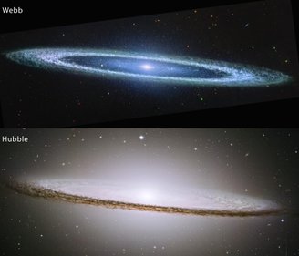 De cima para baixo, a imagem apresenta as fotografias capturadas pelos telescópios James Webb e Hubble, respectivamente. Fonte: NASA / ESA /CSA.