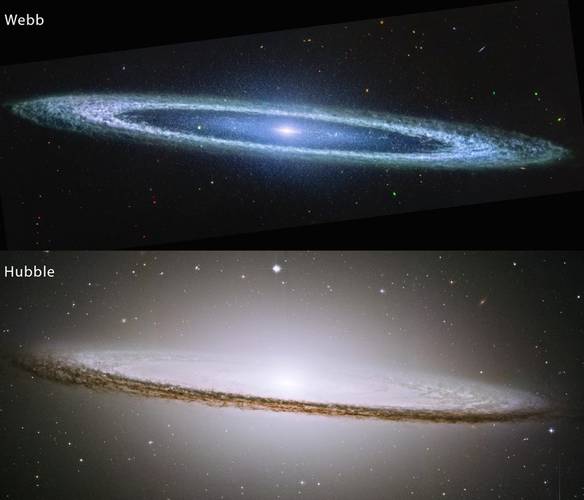 De cima para baixo, a imagem apresenta as fotografias capturadas pelos telescópios James Webb e Hubble, respectivamente. Fonte: NASA / ESA /CSA.