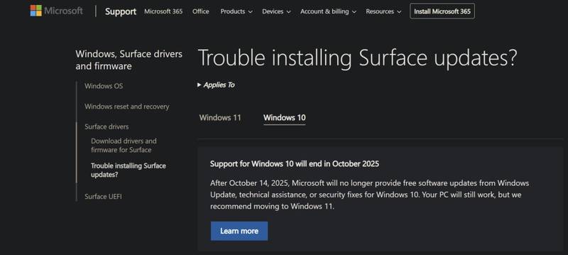 A Microsoft alerta sobre o fim do suporte para o Windows 10 em páginas de suporte do sistema. (Fonte: Windows Latest/Reprodução)