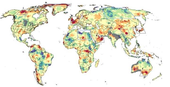 Mapa, mostra as regiões onde os picos de calor extremo, são observadas e excedem as tendências dos modelos climáticos.