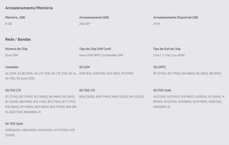 Ficha de conectividade do Galaxy S23 ao consultar pelo site oficial da Samsung (Captura de tela: Felipe Vidal/TecMundo)