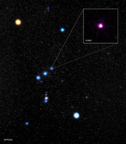 A  estrela Mintaka, localizada no direito do cinturão de Órion, não é apenas uma única estrela, mas sim cinco estrelas, que compõem um sistema estelar complexo, o Delta Orionis. .
