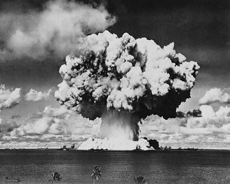 Mushroom-shaped dust clouds resulting from an atomic explosion in a military test