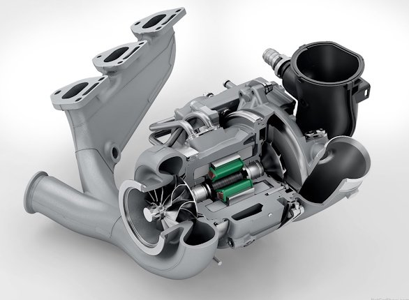 Na imagem é possível entender a ideia da Porsche: um motor elétrico no meio do turbocompressor, entre a turbina e o compressor.